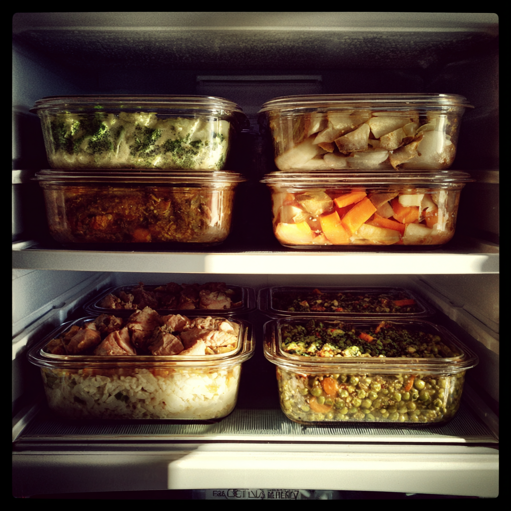 Containers of food in a fridge | Source: Midjourney