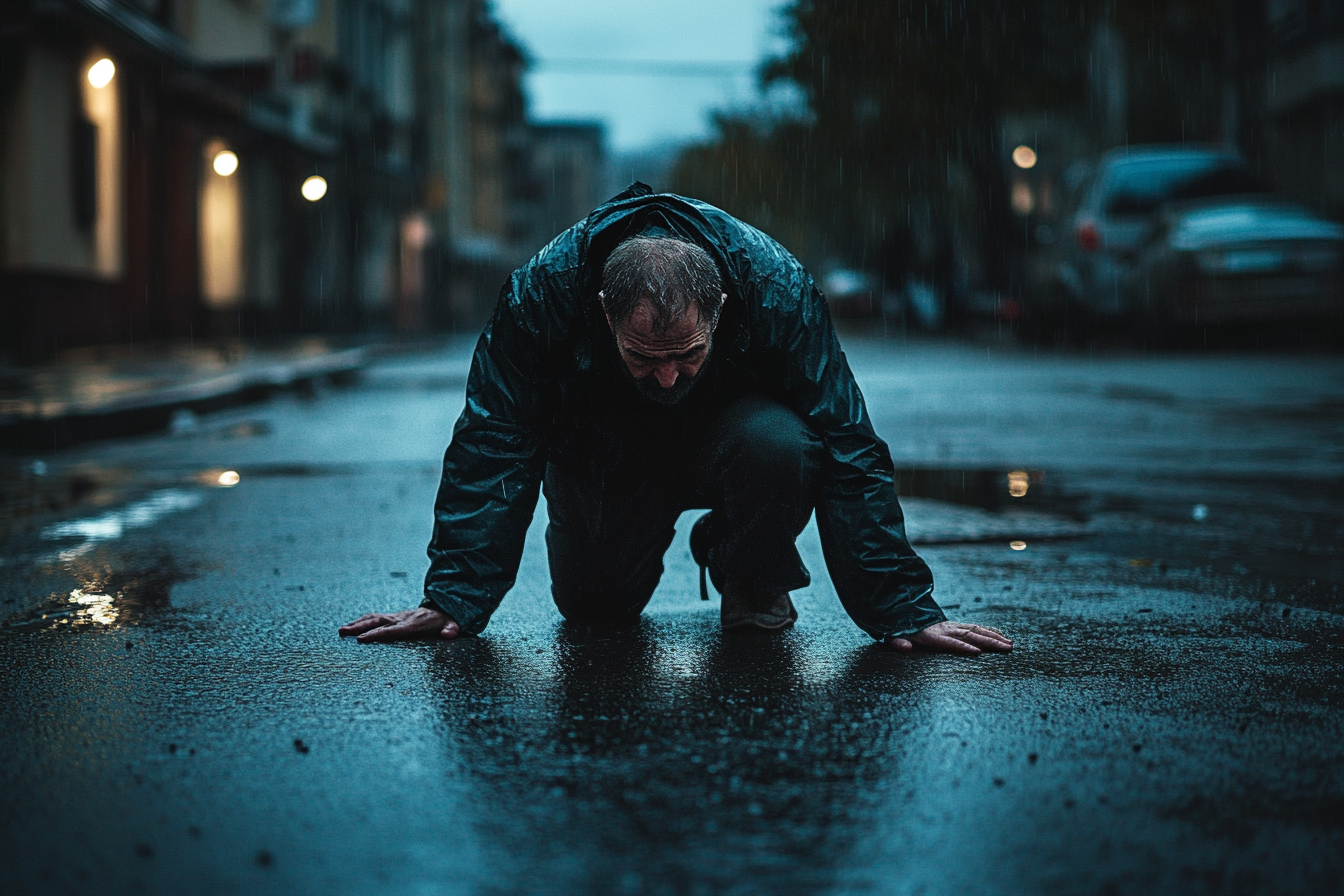 Un homme à genoux dans la rue sous la pluie, l'air triste et désespéré | Source : Midjourney