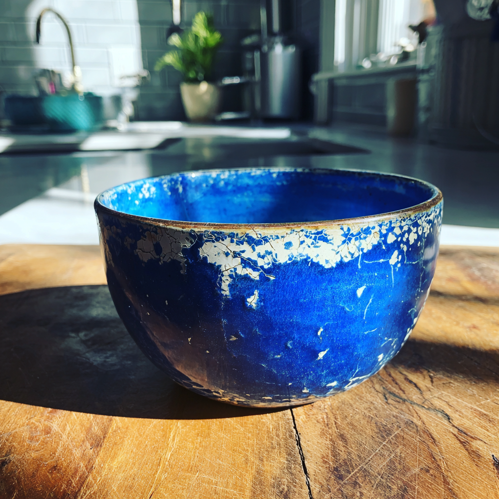 An old blue bowl on a counter | Source: Midjourney