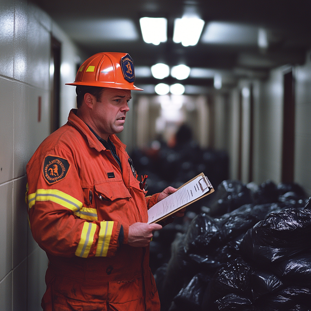 An angry fire marshal in a dirty hallway | Source: Midjourney