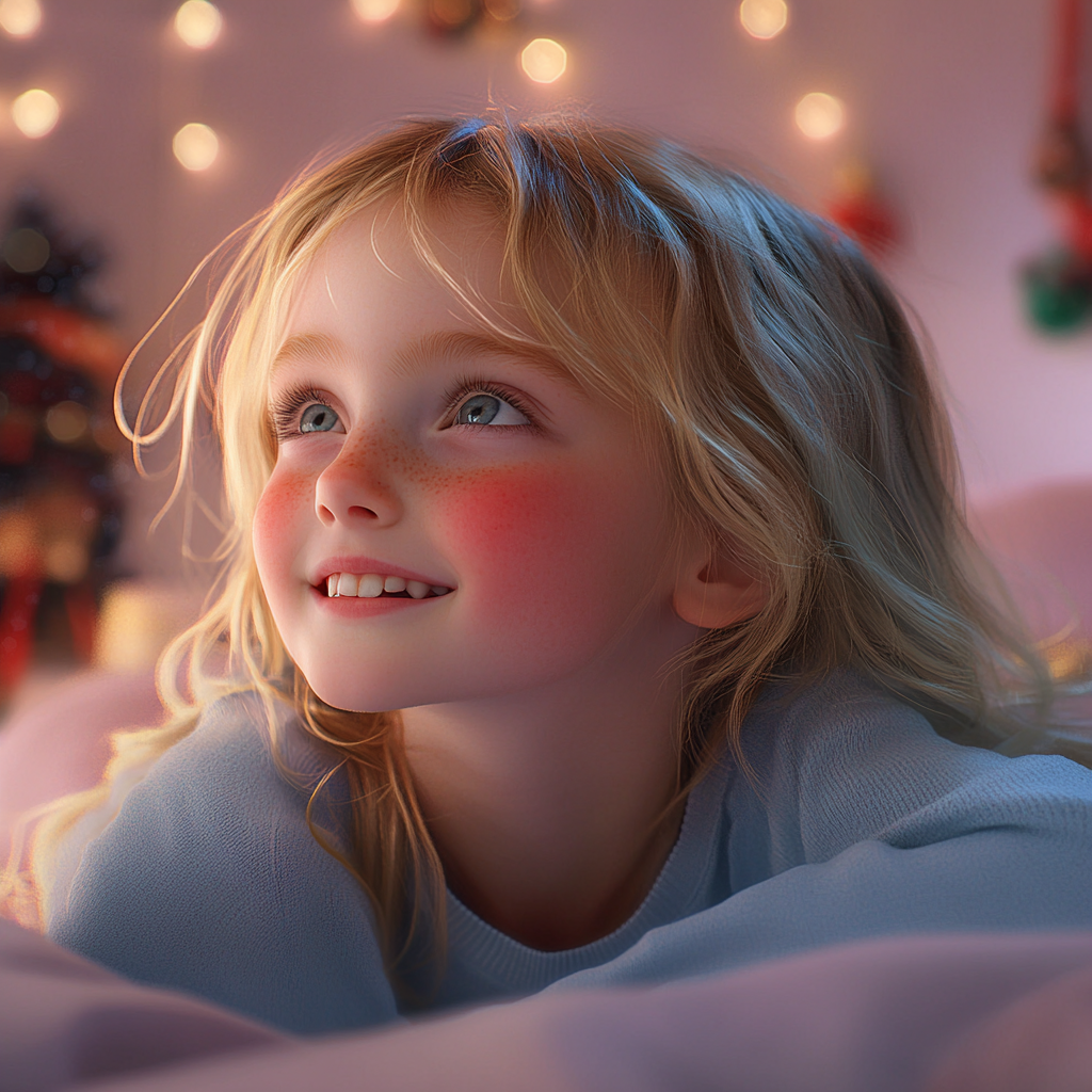 A little girl smiling in her bedroom | Source: Midjourney