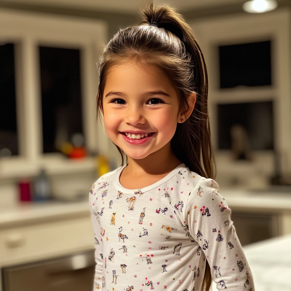 Uma menina sorridente de pijama | Fonte: Midjourney