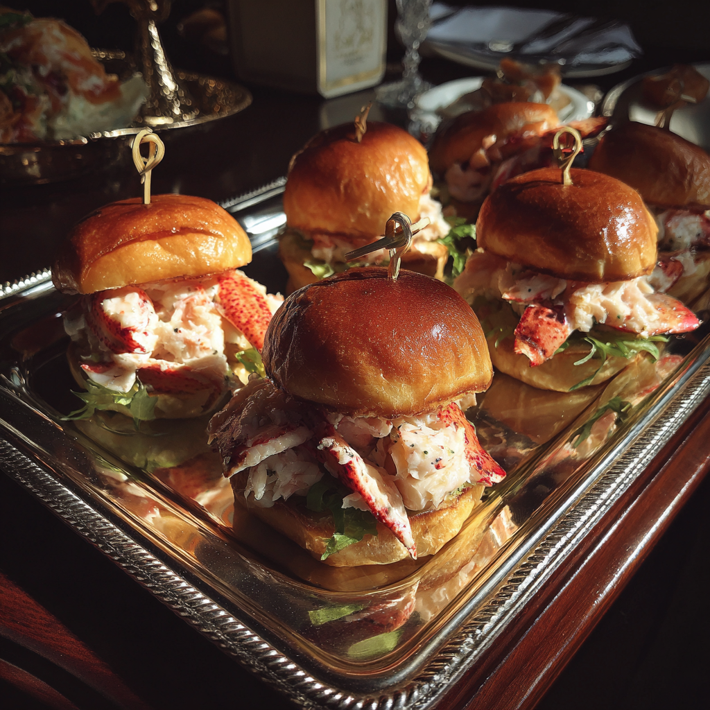 A silver tray of lobster sliders | Source: Midjourney