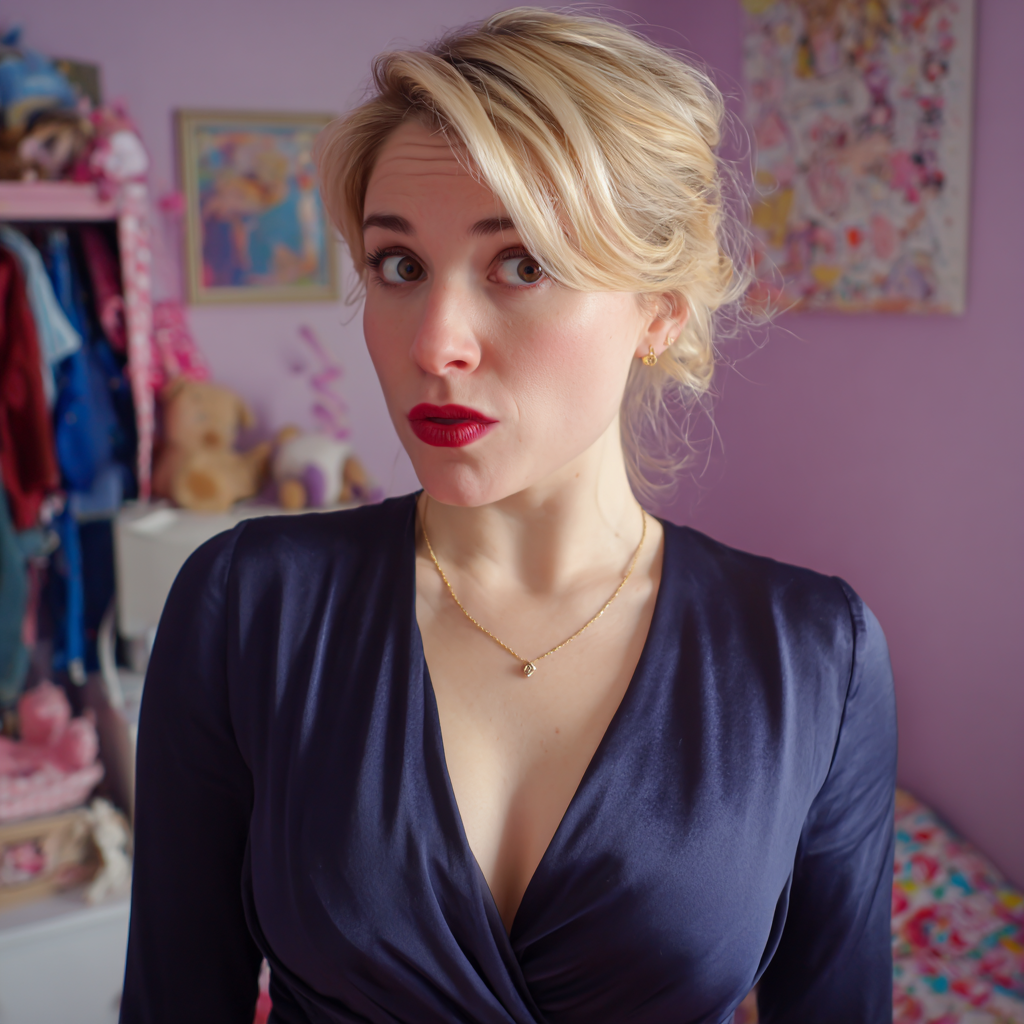 A surprised woman in a child's bedroom | Source: Midjourney