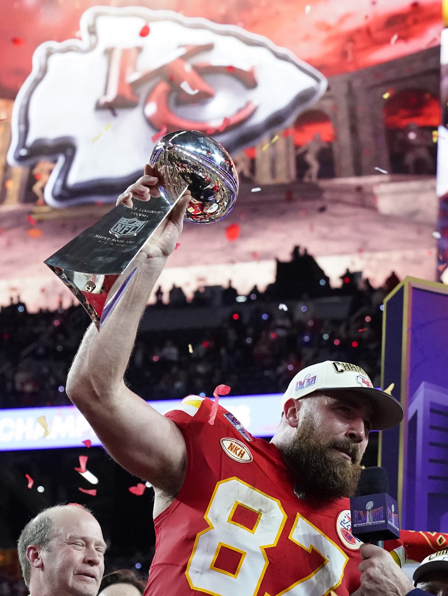 Travis Kelce holds the trophy as he celebrates his Super Bowl LVIII win at Allegiant Stadium on February 11, 2024, in Las Vegas, Nevada | Source: Getty Images