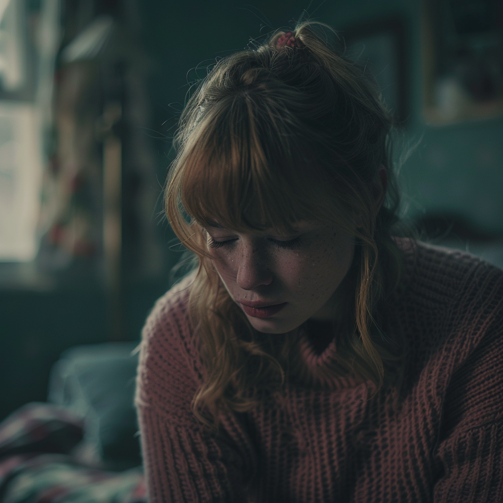 A sad woman sitting alone in her room | Source: Midjourney