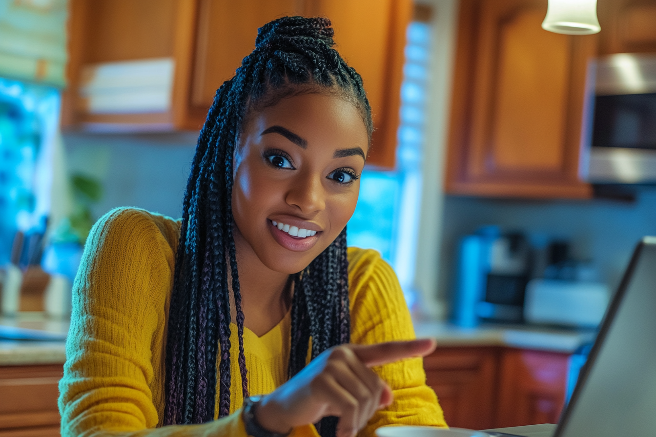 Une femme incrédule pointant son doigt vers un ordinateur portable | Source : Midjourney