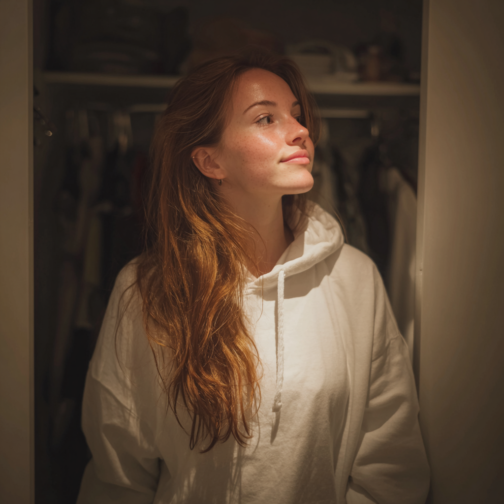 A woman standing in front of a closet | Source: Midjourney