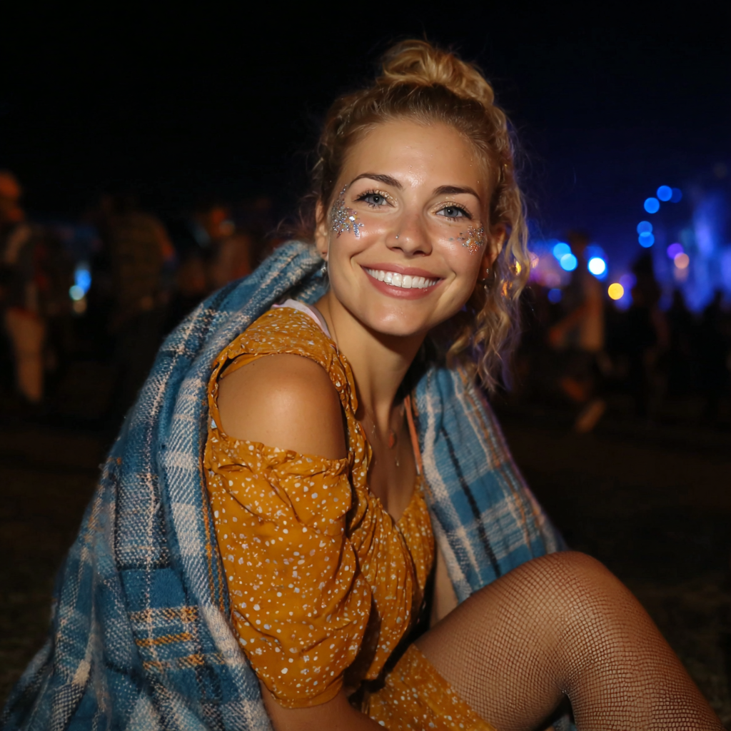 A smiling woman with a blanket wrapped around her | Source: Midjourney