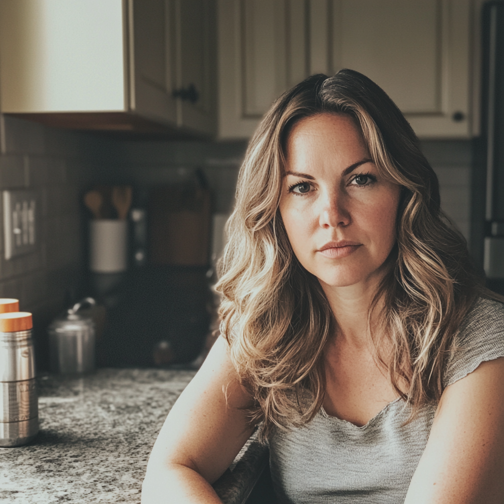 Une femme appuyée contre un comptoir de cuisine | Source : Midjourney