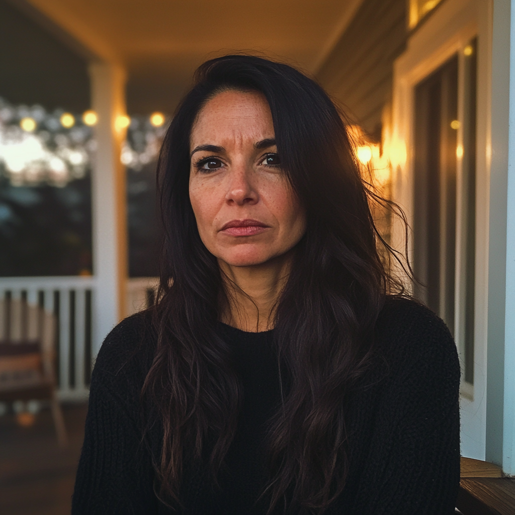 An upset woman standing on a porch | Source: Midjourney