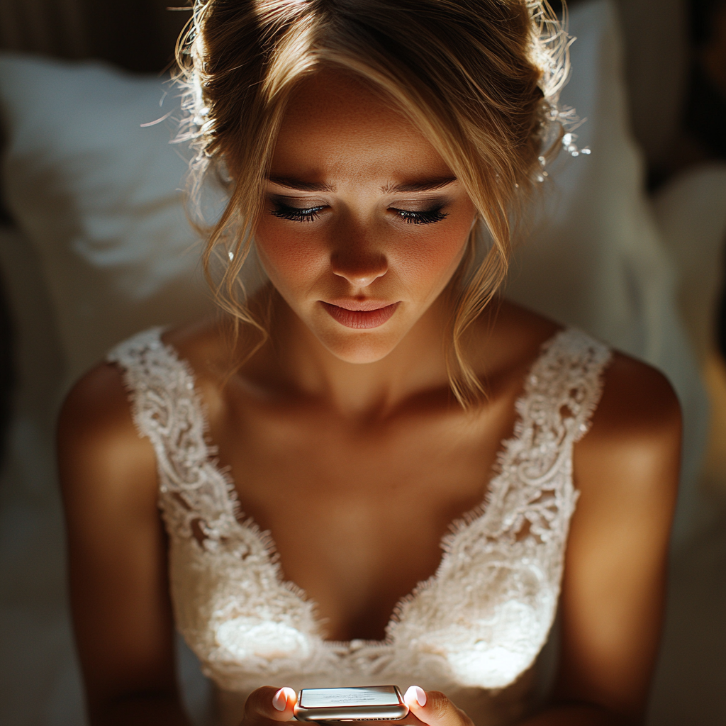 A disturbed bride looking at her phone | Source: Midjourney