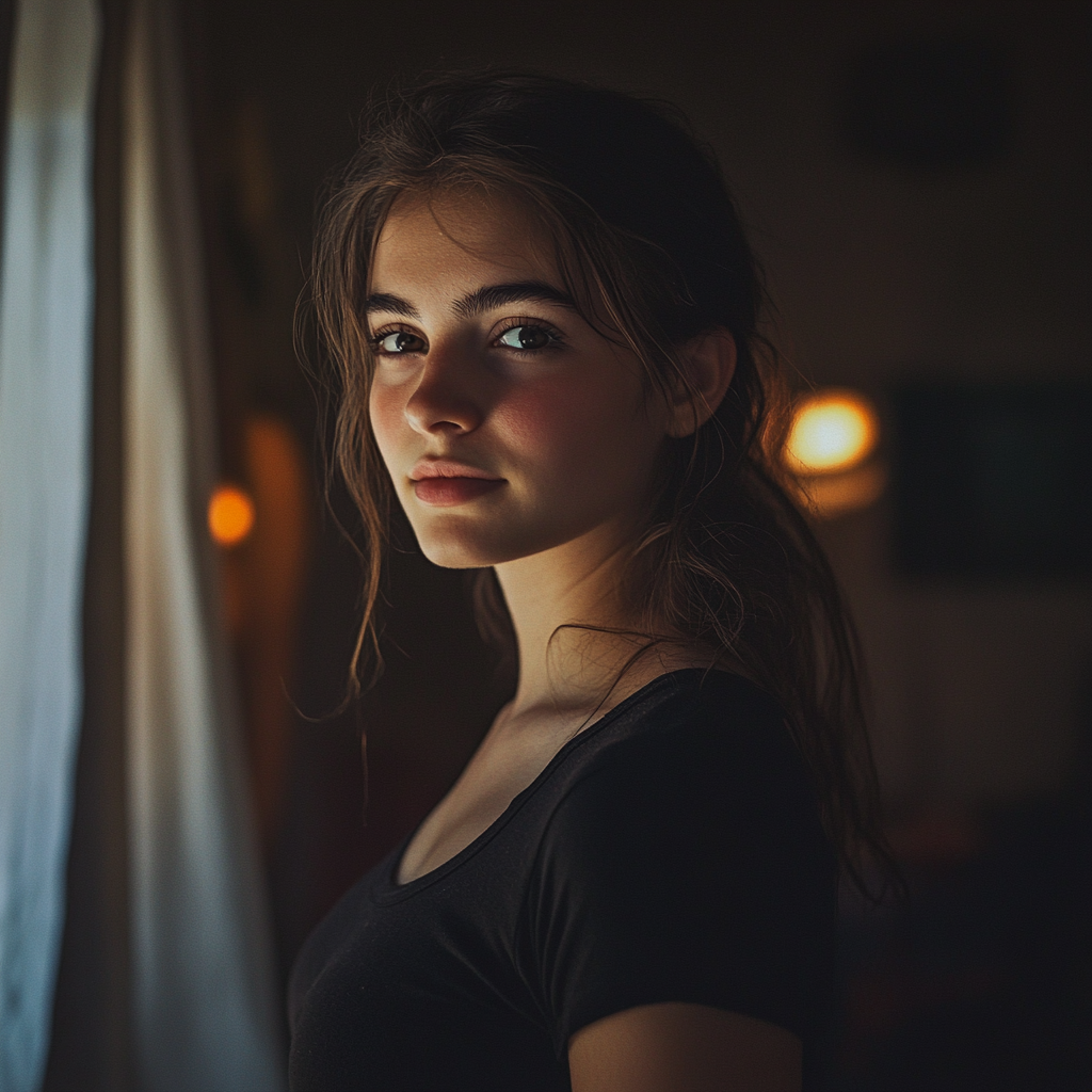 A woman with a faint smile standing near a window | Source: Midjourney