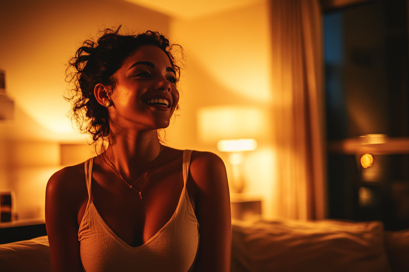 A woman smiling while speaking to someone | Source: Midjourney