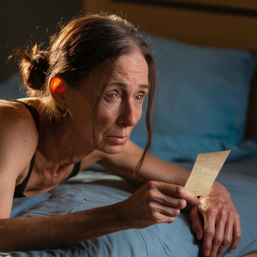 A distressed-looking woman lying on a bed, clutching a note | Source: Midjourney