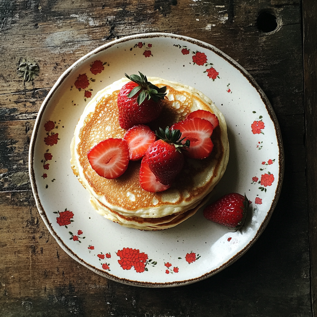 Pancakes and strawberries on a plate | Source: Midjourney