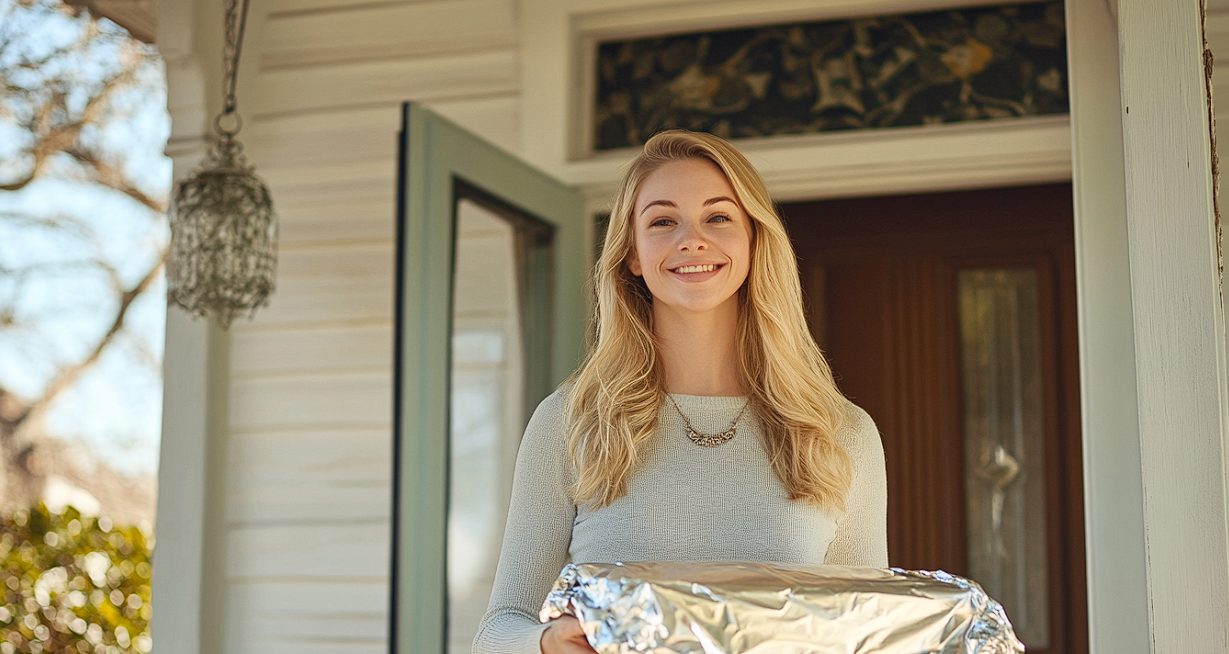 A woman holding a casserole dish standing on a front porch | Source: Midjourney