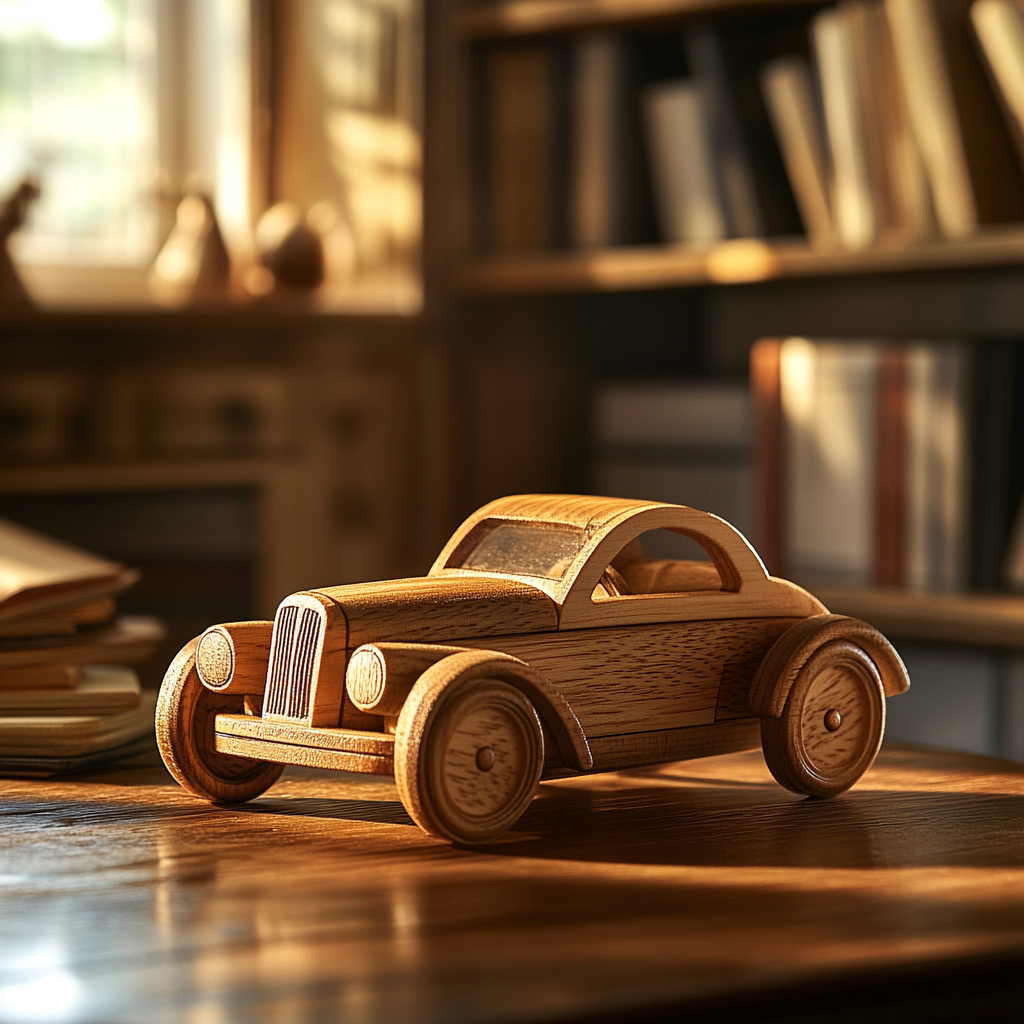 A wooden toy car on a table | Source: Midjourney