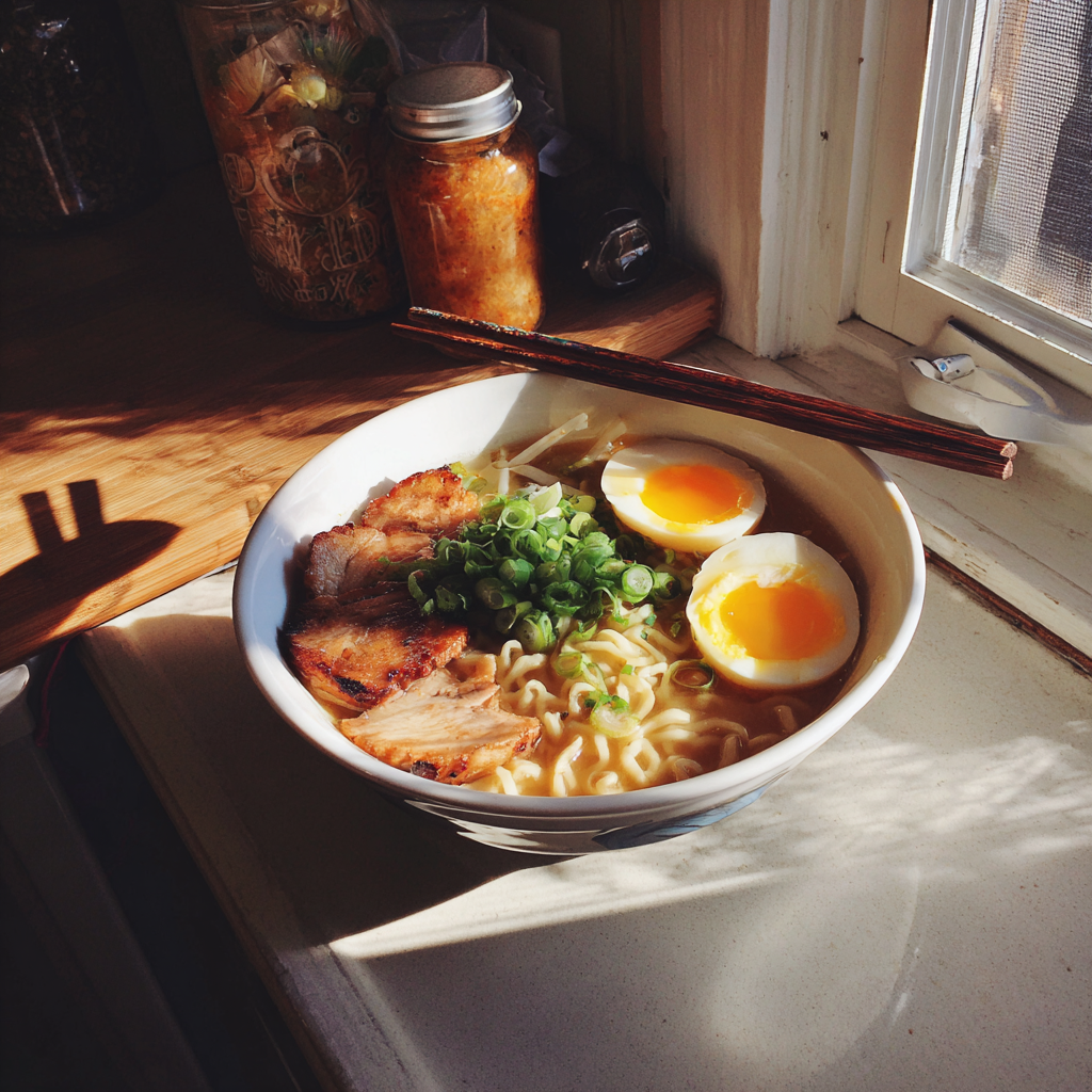 A bowl of ramen on a counter | Source: Midjourney