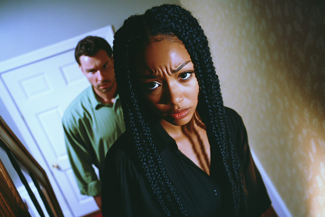 A woman going up the stairs in a house with a man following behind her, looking sad | Source: Midjourney