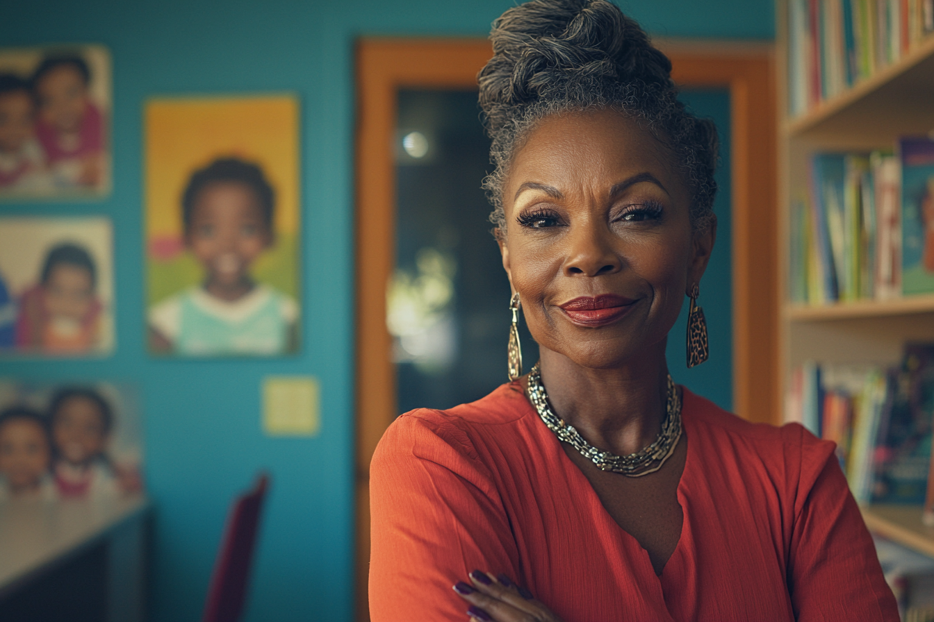 Woman smirking at the door of an office at a children's center | Source: Midjourney