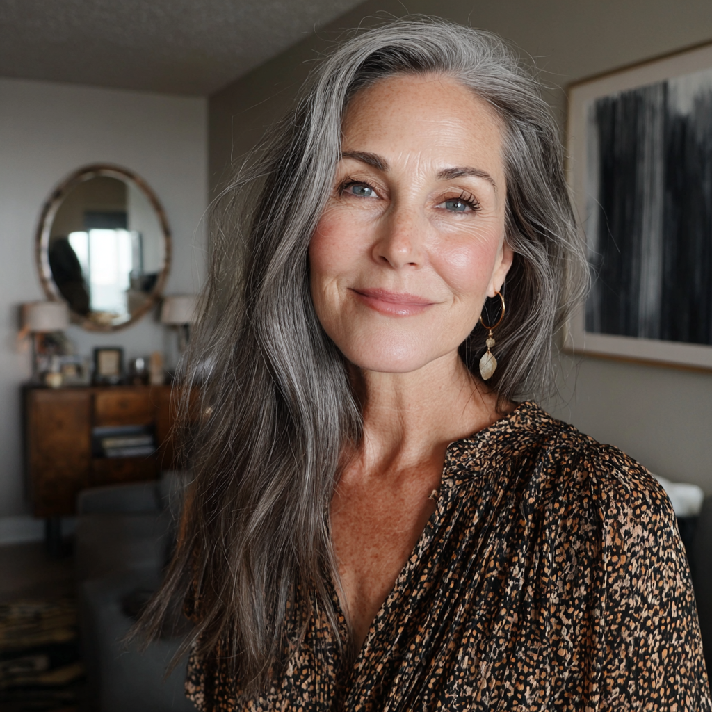 A smiling older woman standing in a living room | Source: Midjourney