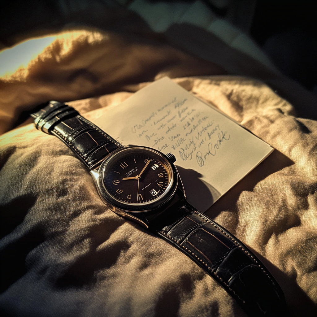 A watch and a note on a bed | Source: Midjourney