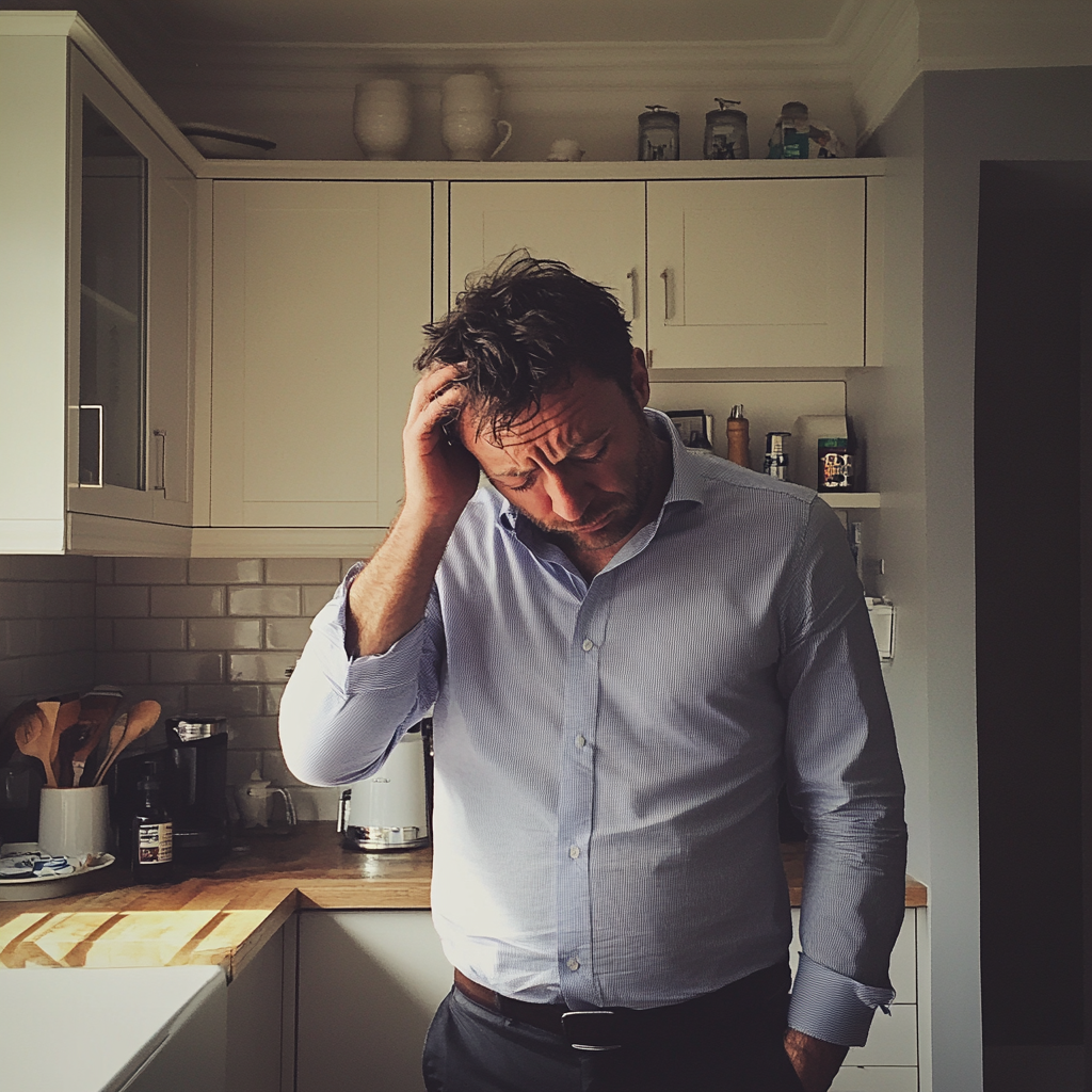 A man standing in a kitchen with his head bowed down | Source: Midjourney