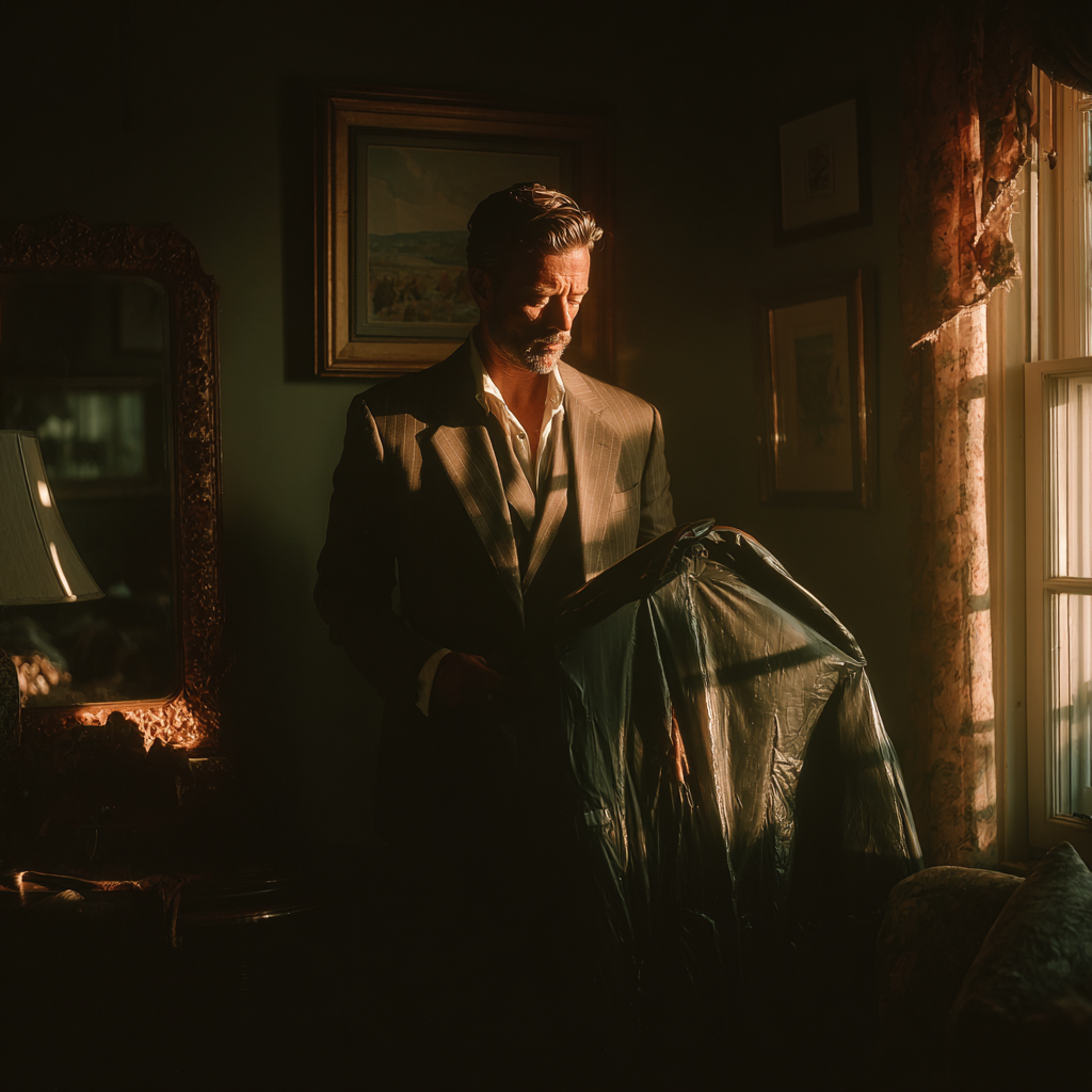 A man holding a garment bag | Source: Midjourney