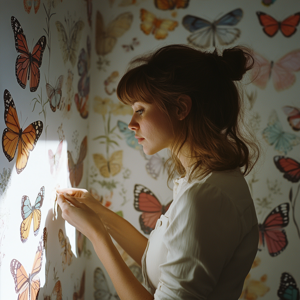 A woman applying wallpaper | Source: Midjourney