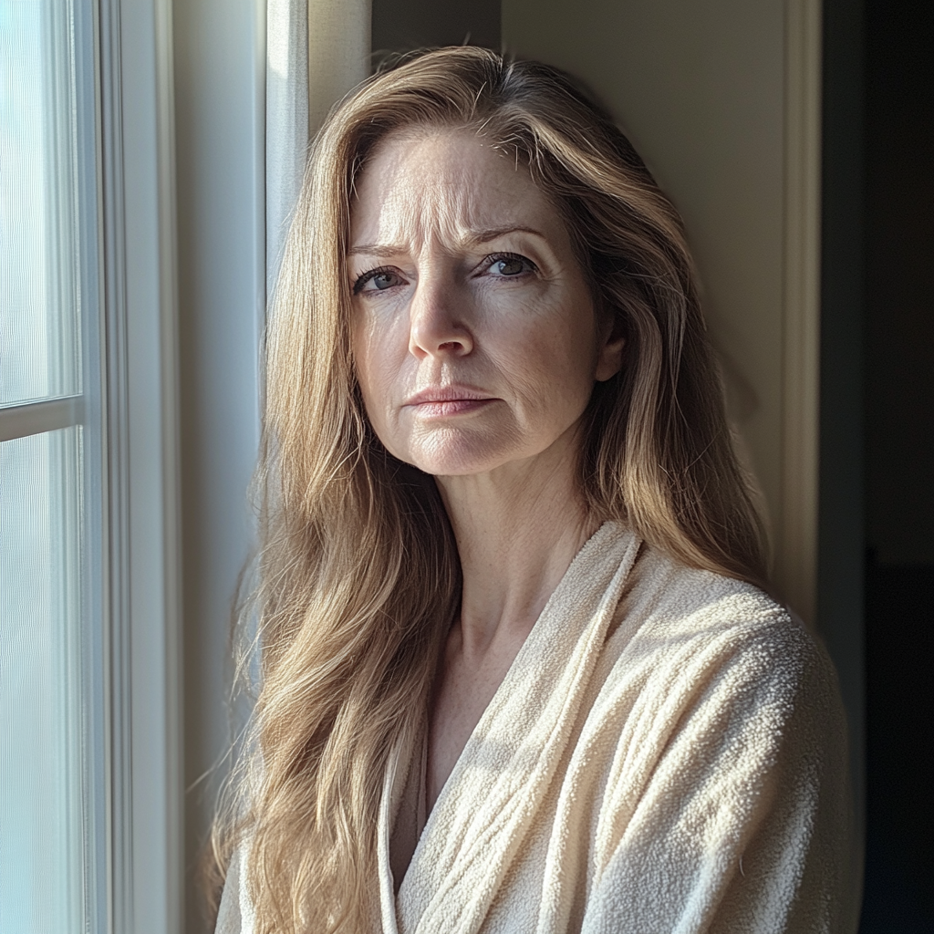 A woman standing by a window | Source: Midjourney