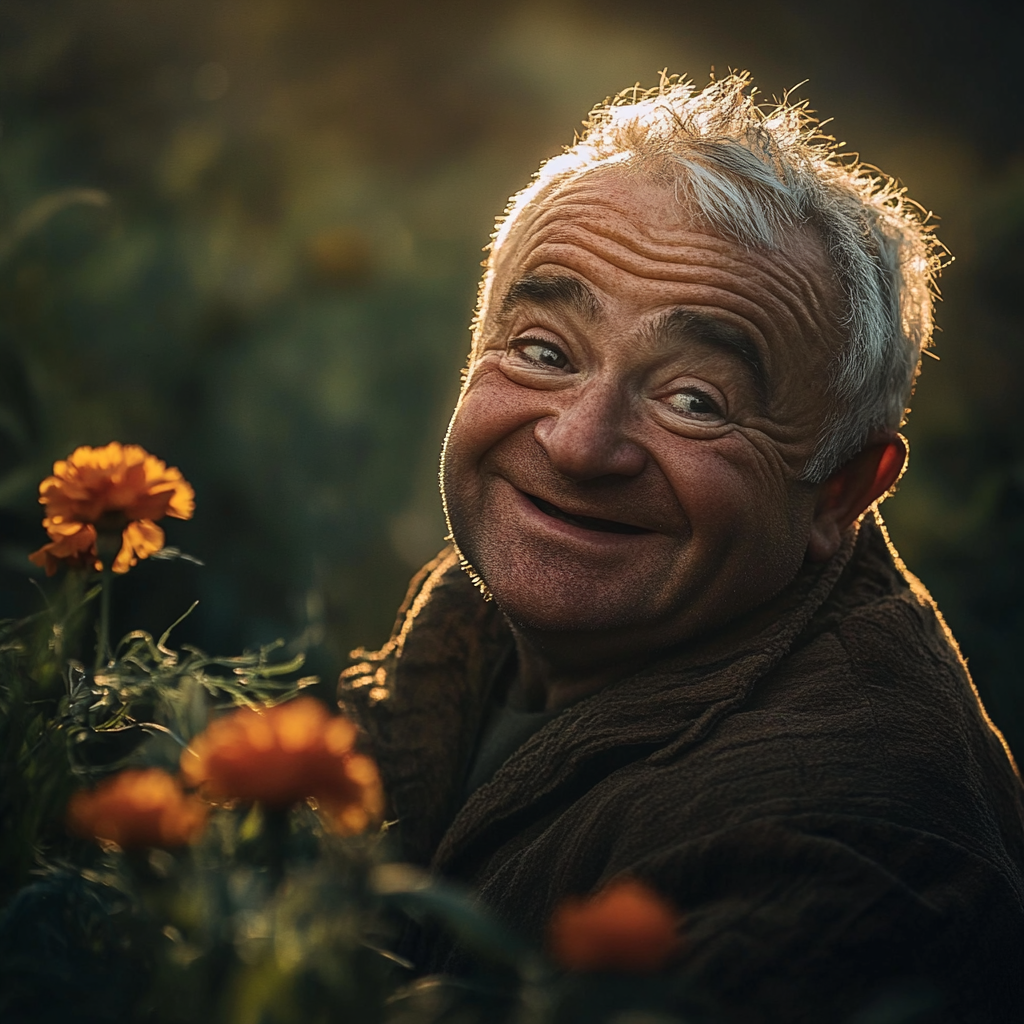 Nostalgic picture of an older man smiling in his marigold garden | Source: Midjourney