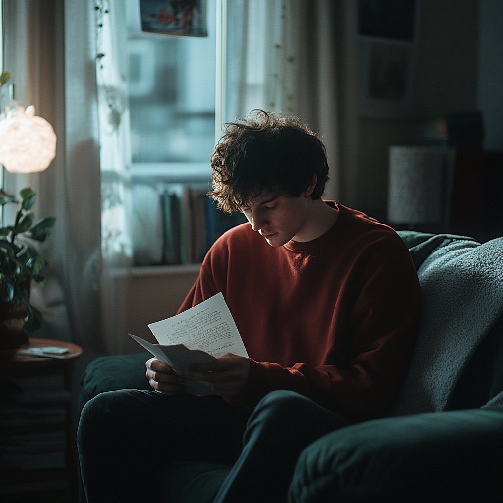 A young man reading a letter | Source: Midjourney