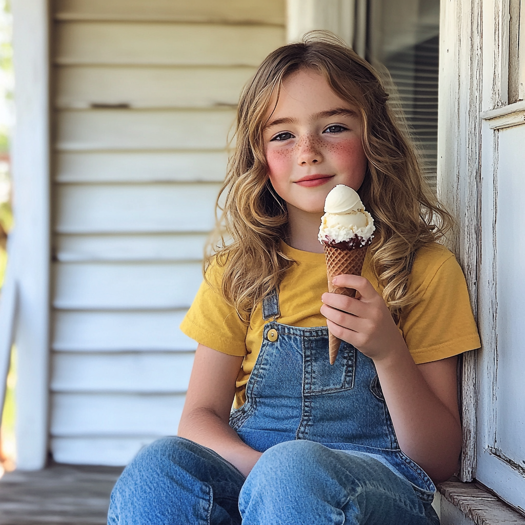 A little girl sitting on a porch and eating an ice cream | Source: Midjourney