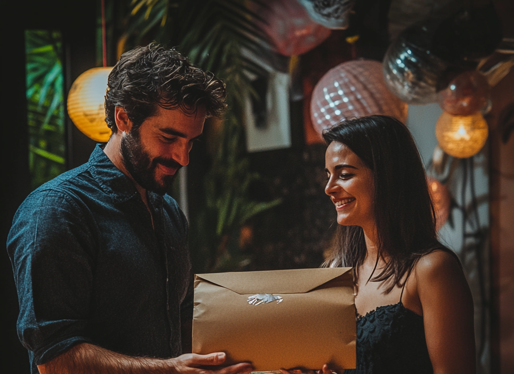 A man presenting a large envelope as a gift to his wife at her birthday party | Source: Midjourney