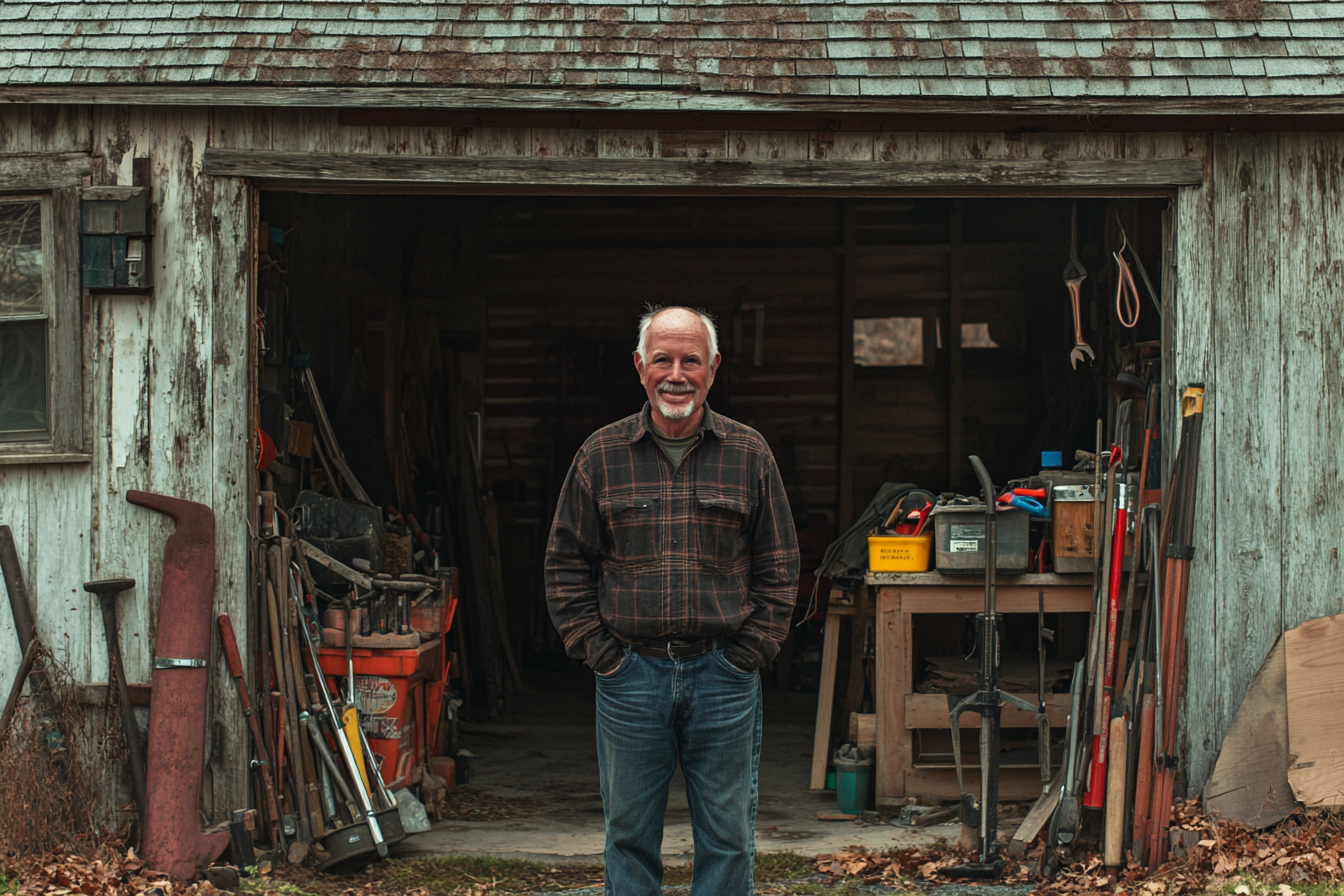 An older man standing before a weathered house, carpentry tools nearby | Source: Midjourney