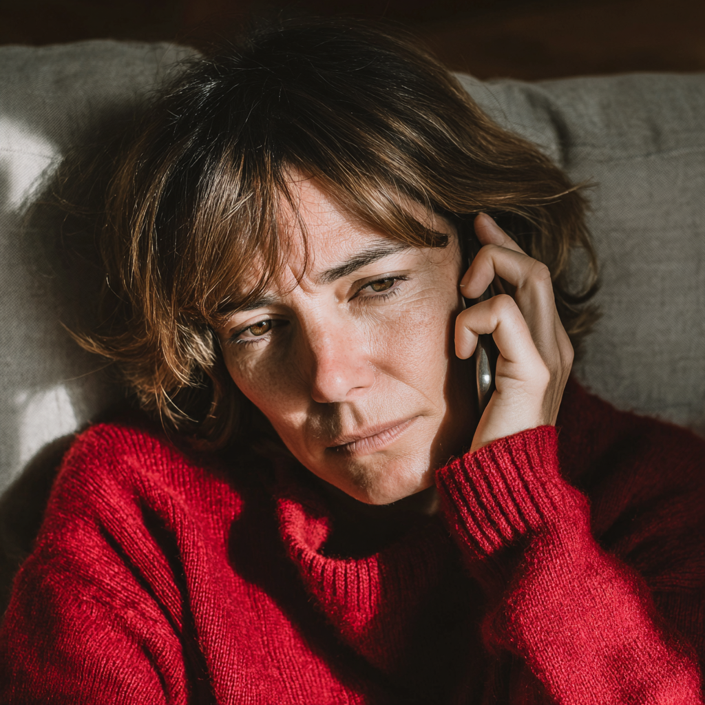 An exhausted woman talking on a phone | Source: Midjourney