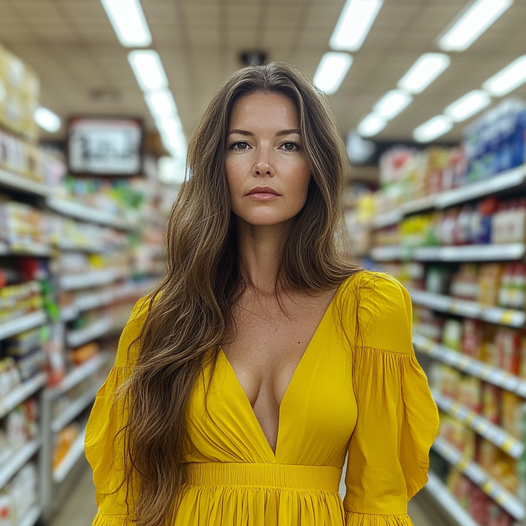 A woman standing in the aisle of a grocery | Source: Midjourney