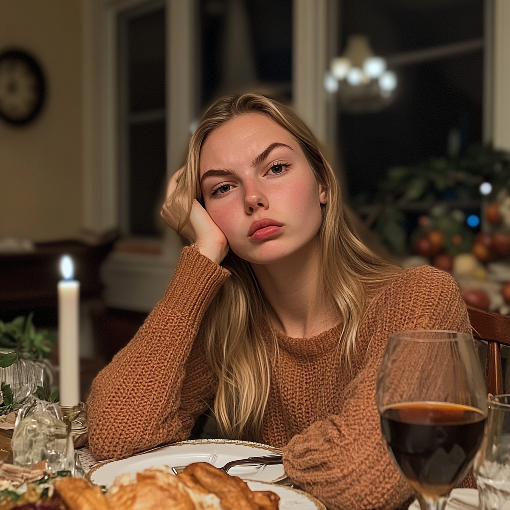 An unimpressed woman at a Thanksgiving dinner | Source: Midjourney