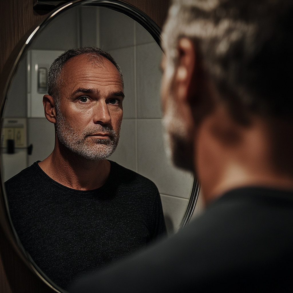 A man looking at his reflection in the bathroom mirror | Source: Midjourney