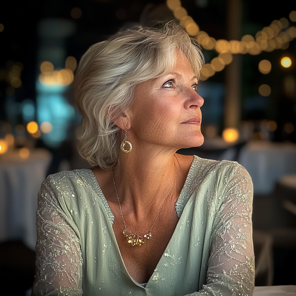 A woman sitting at a table | Source: Midjourney