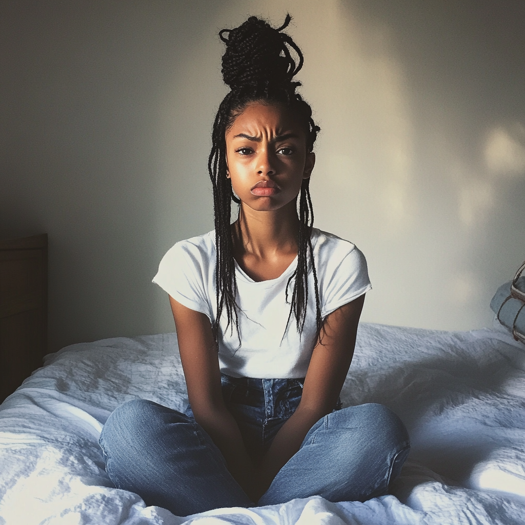 An upset girl sitting on her bed | Source: Midjourney