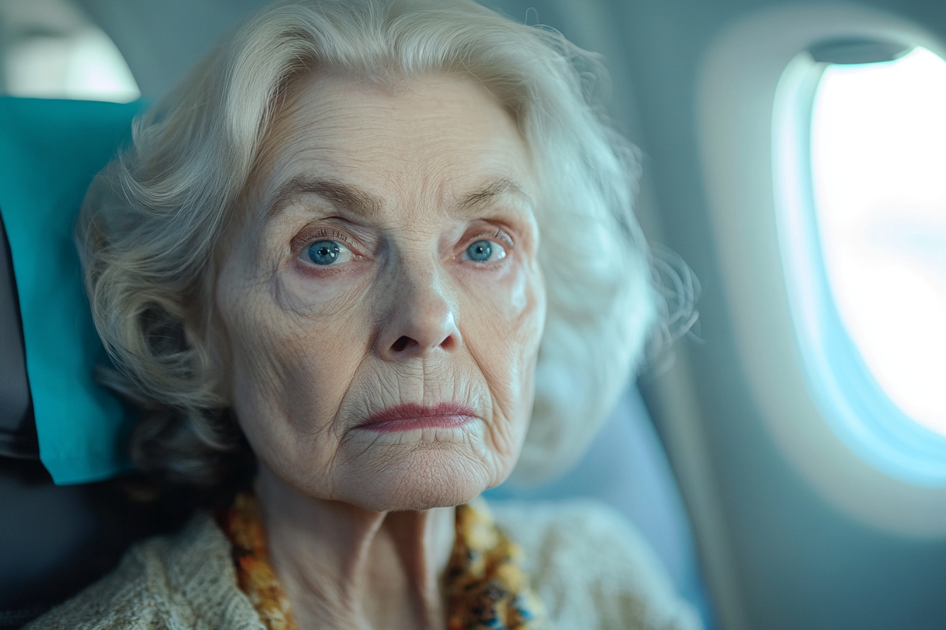 An older woman sitting in an airplane | Source: Midjourney