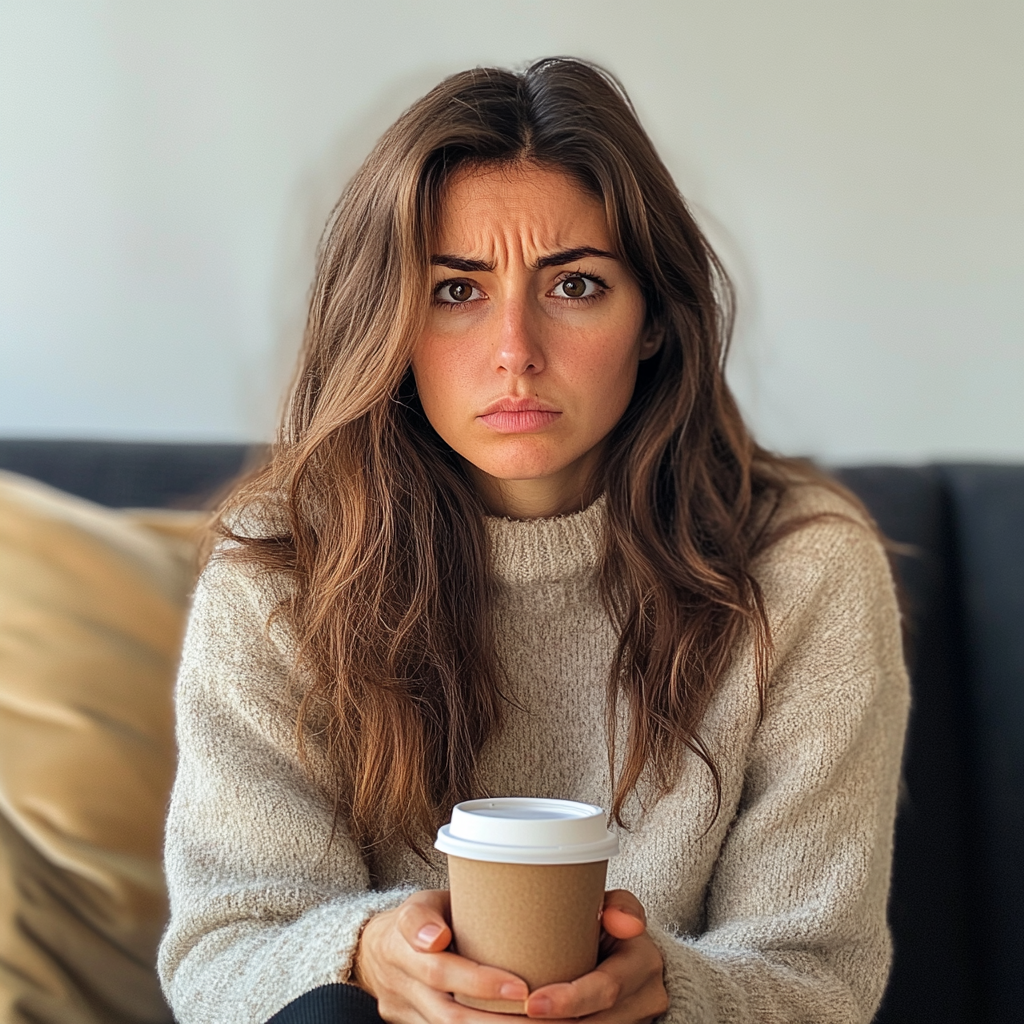 An upset woman sitting on a couch | Source: Midjourney