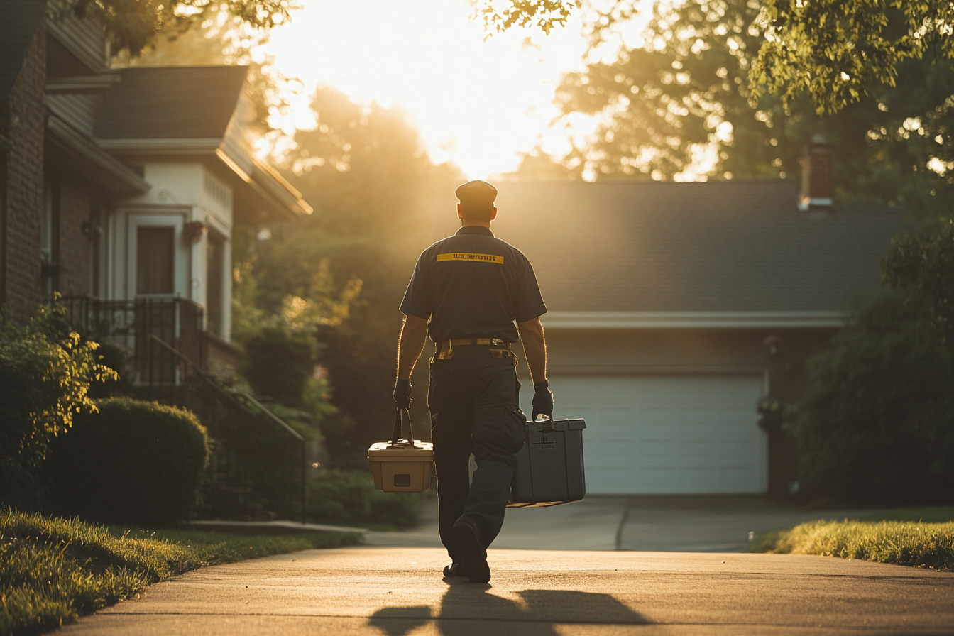 A man in uniform holding toolboxes while walking up a driveway | Source: Midjourney