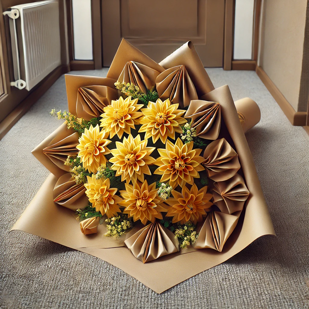 Fleurs jaunes enveloppées dans du papier kraft joliment plié | Source : DALL-E