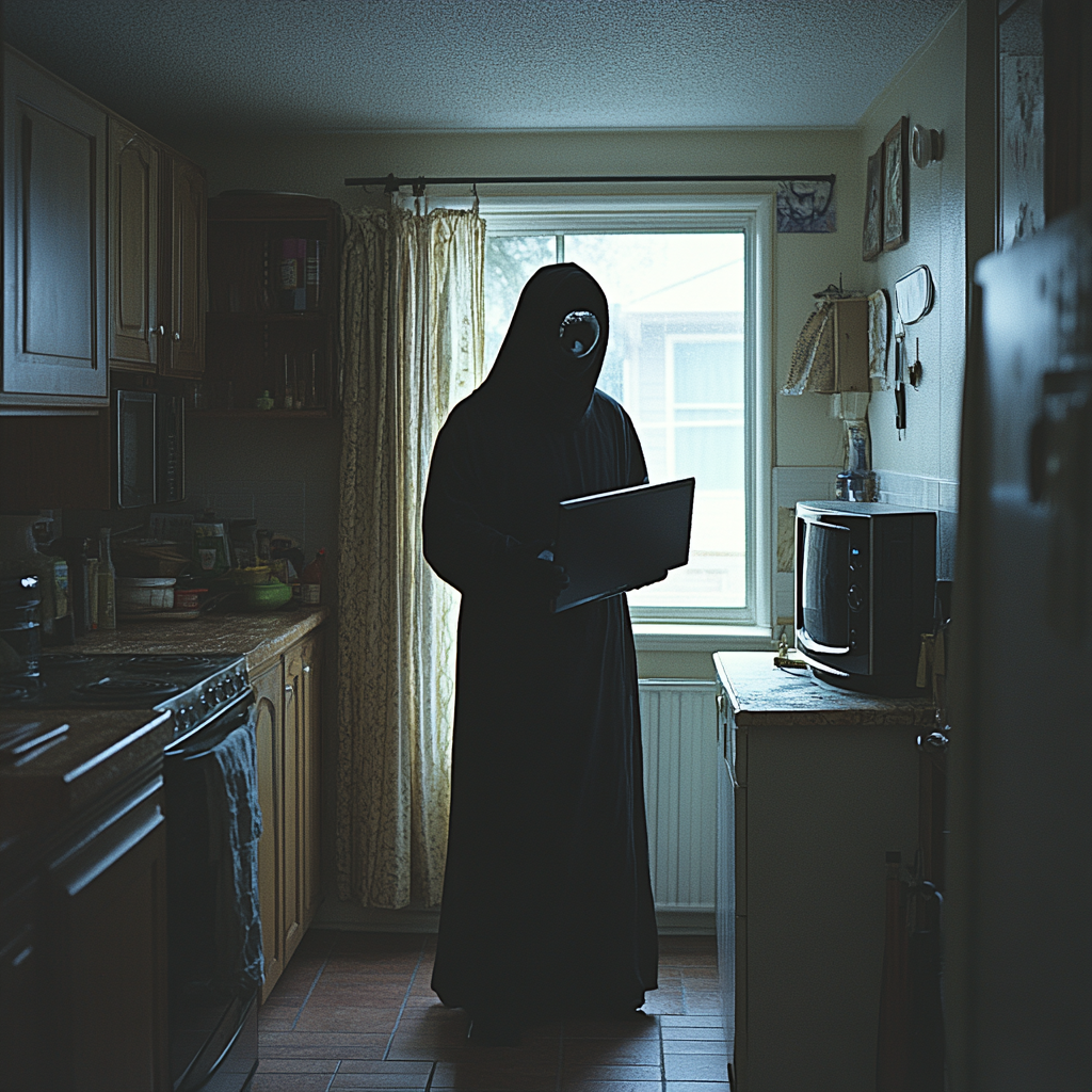 An intruder placing a living room item into the kitchen | Source: Midjourney