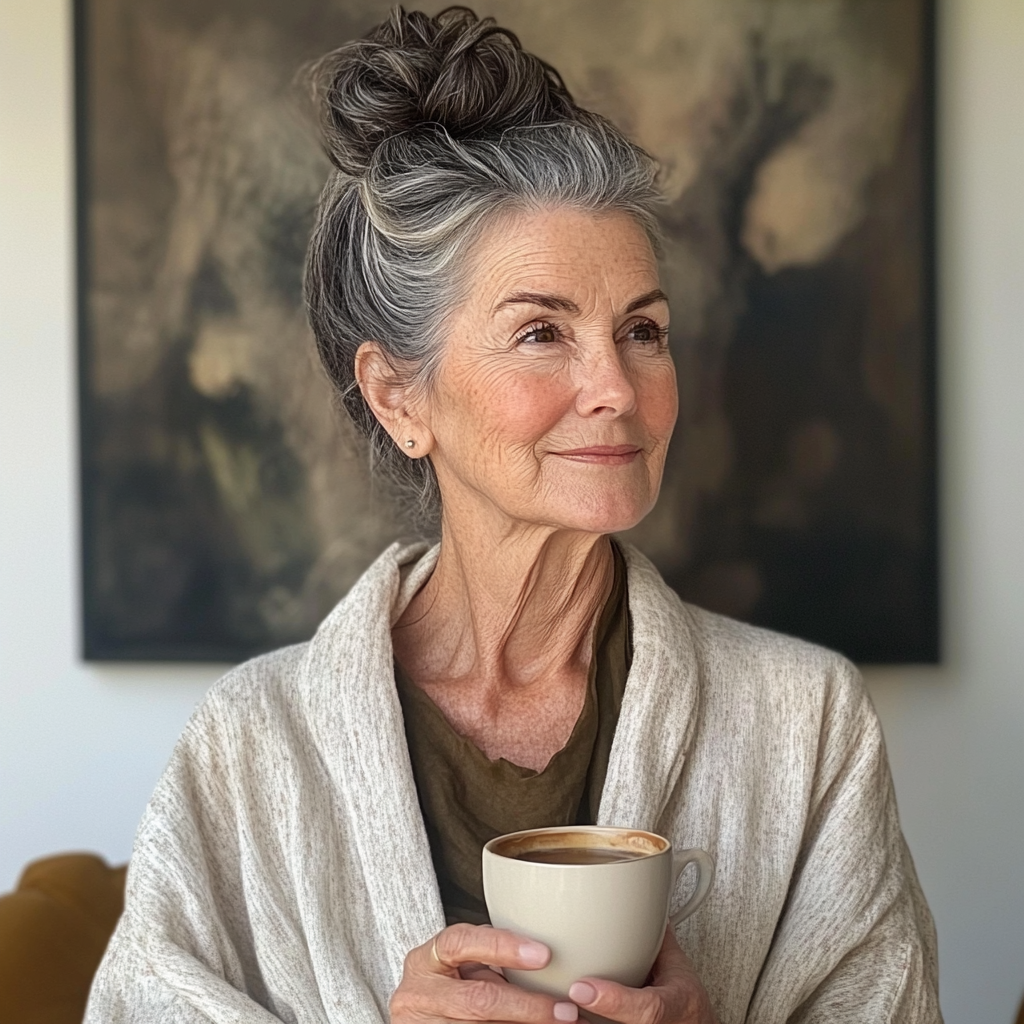 A woman holding a cup of coffee | Source: Midjourney