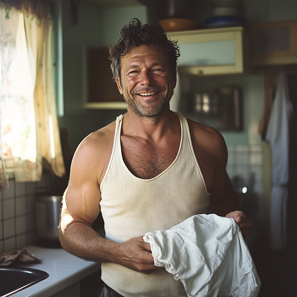 Um homem feliz segurando uma camisa | Fonte: Midjourney