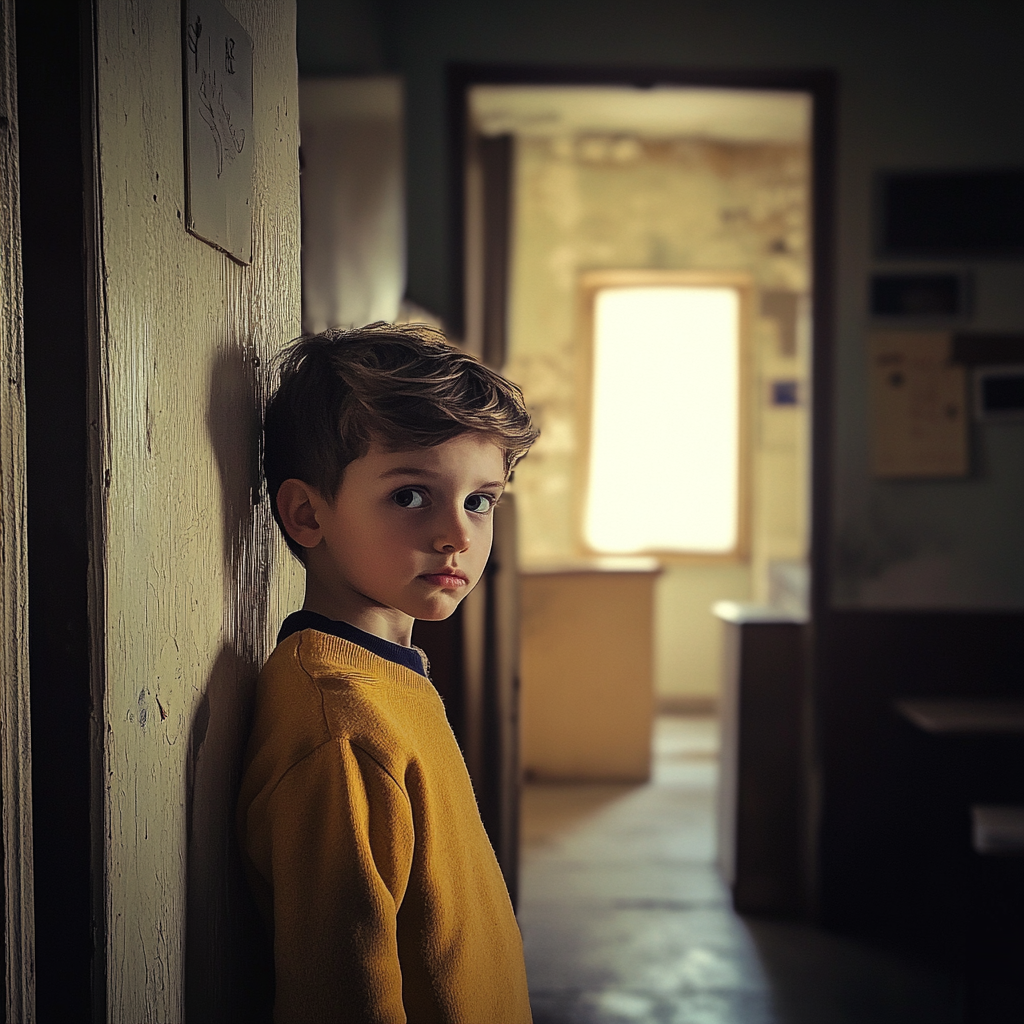 A distressed young boy opening the door of the apartment he shares with his mother and sister. | Source: Midjourney